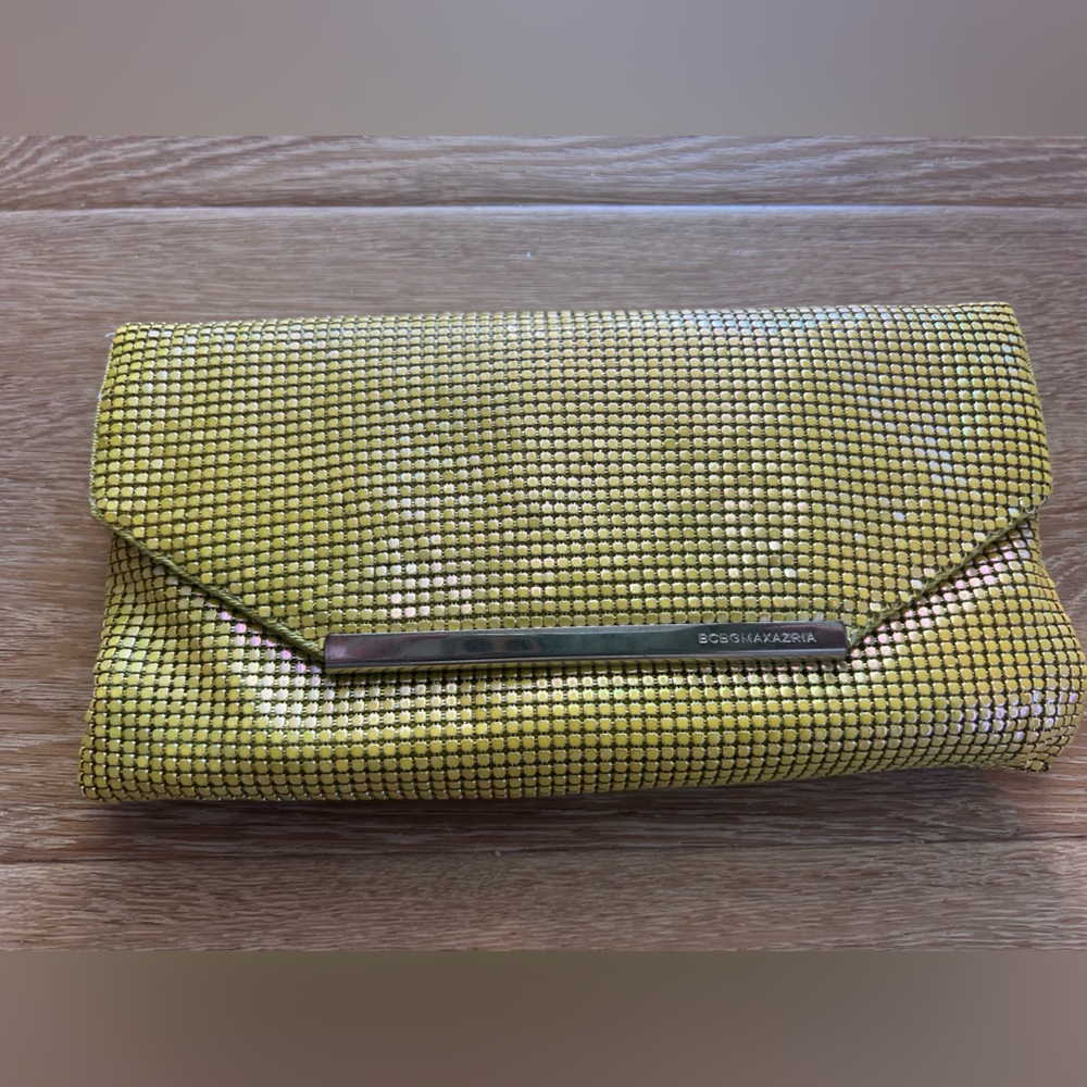 Bcbg sunflower yellow iridescent sequin clutch NWT with metal strap